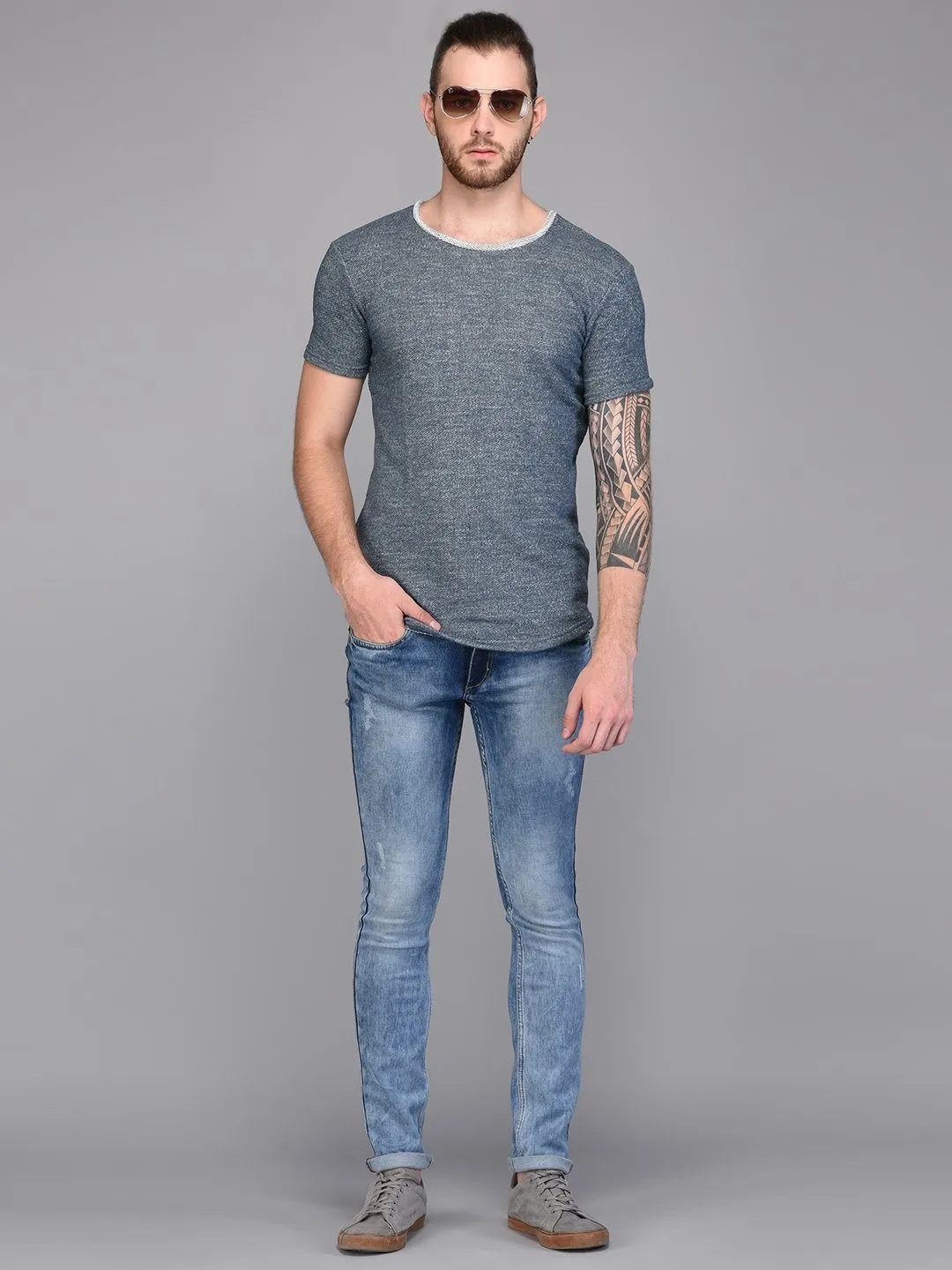 Melange Grey T-shirt with Contrast Rib