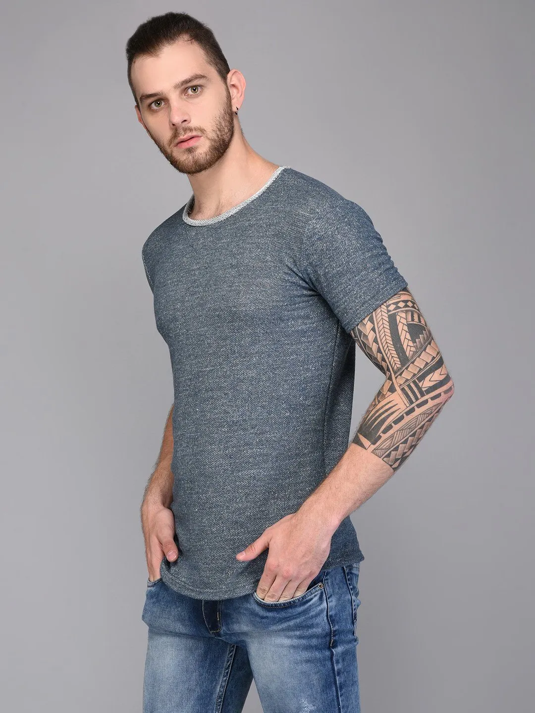 Melange Grey T-shirt with Contrast Rib