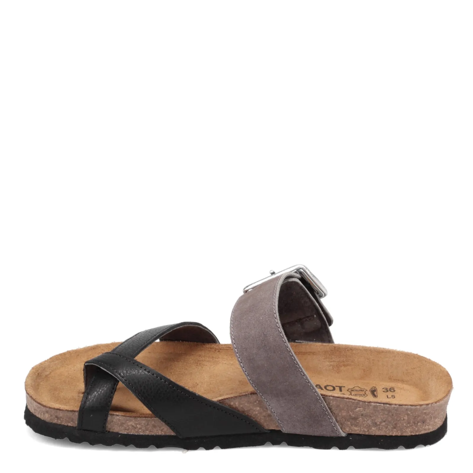 Naot Womens Fresno Toe Loop Sandal- Black/Taupe Leather