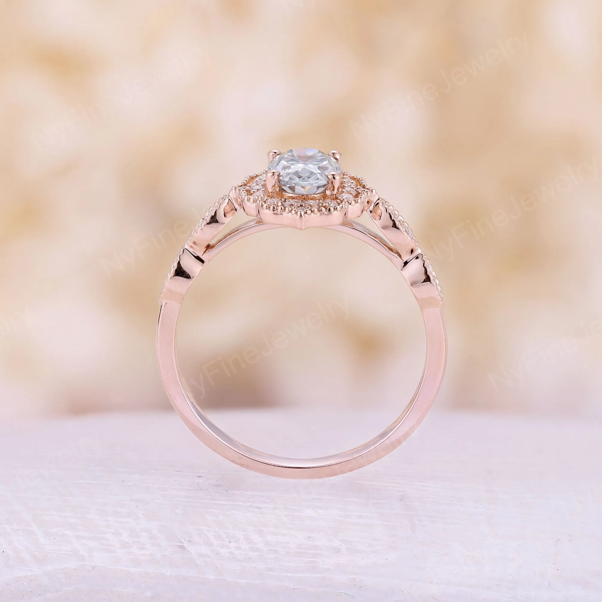 Oval Grey Moissanite Rose Gold Milgrain Halo Bridal Set