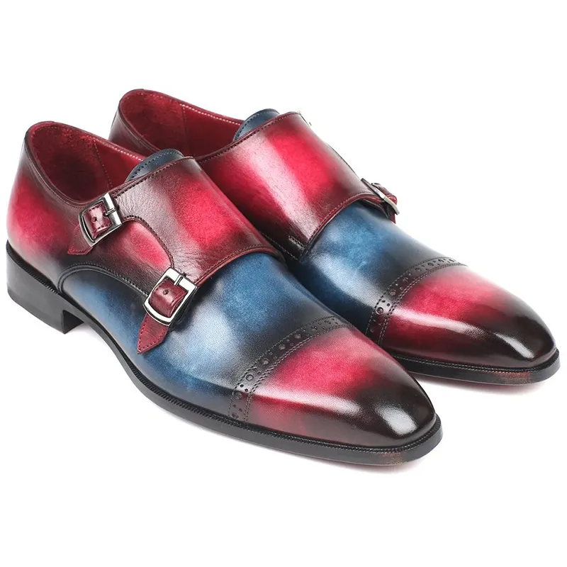 Paul Parkman Leather Double Monk Strap Shoes Blue & Fuxia