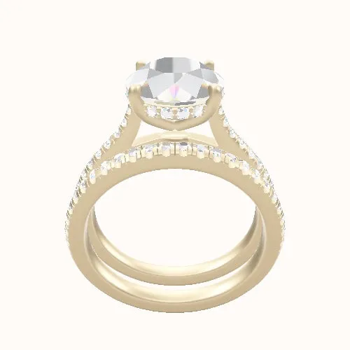 Pave Cathedral Engagement Ring With Low Set Pave  Hidden Halo Head and Matching Band