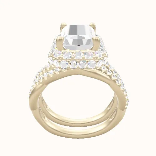 Pave Rope Engagement Ring With Low Set Waterfall Halo Head and Matching Band