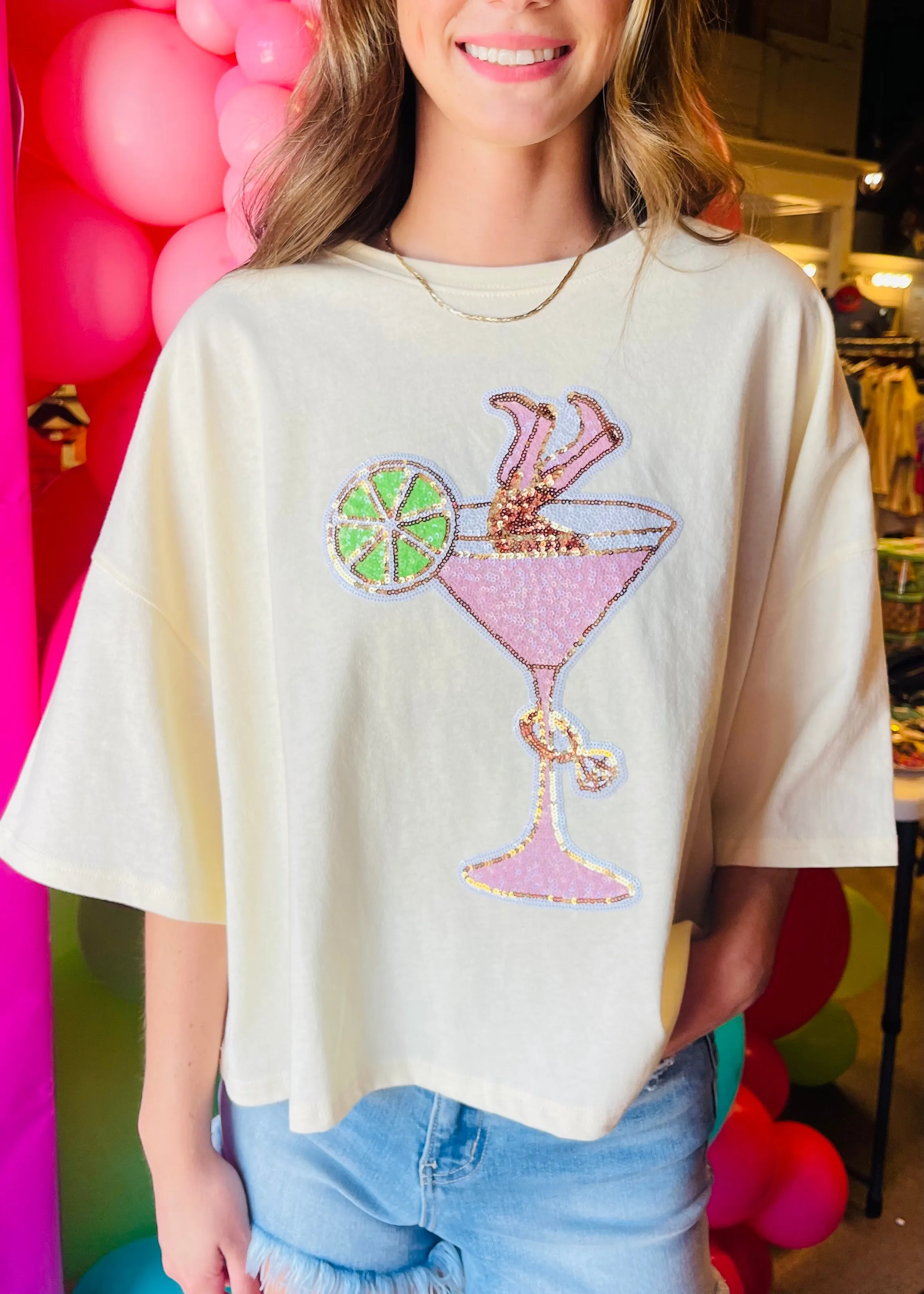 Peach Love Martini Sequence Cropped Tee | Cream