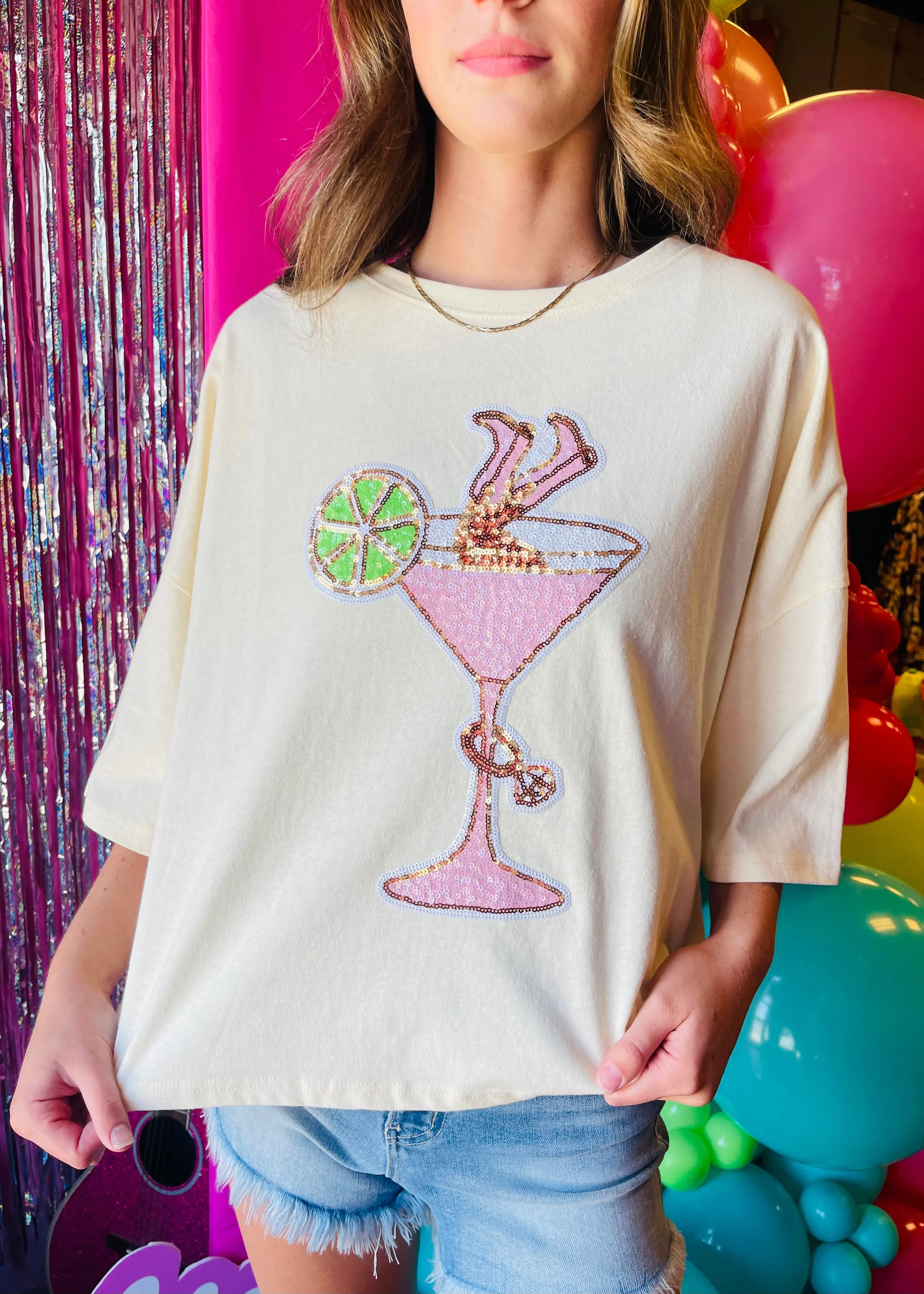 Peach Love Martini Sequence Cropped Tee | Cream