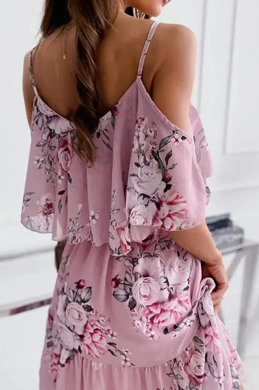 Print Cold Shoulder Ruffle Hem Chiffon Dress