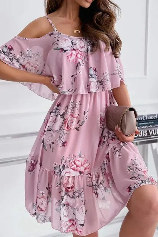 Print Cold Shoulder Ruffle Hem Chiffon Dress