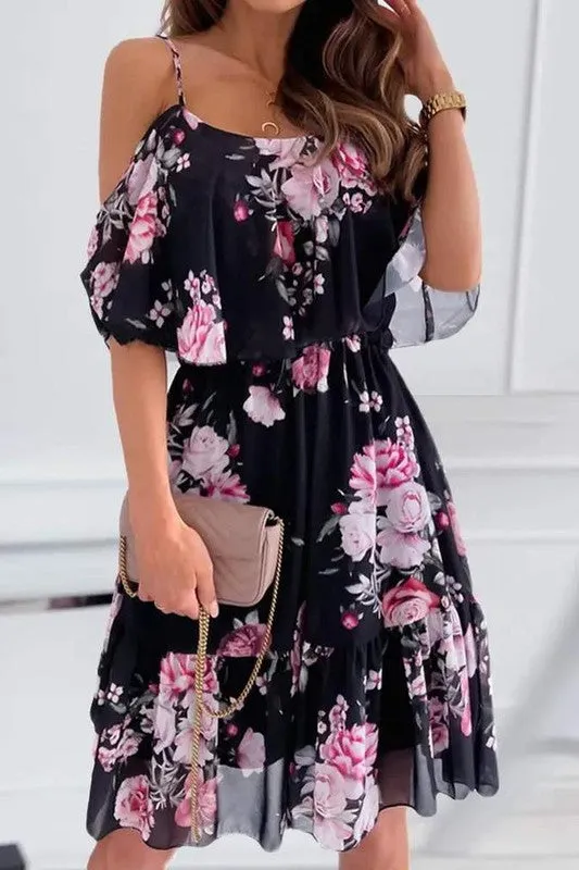 Print Cold Shoulder Ruffle Hem Chiffon Dress