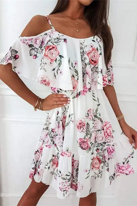 Print Cold Shoulder Ruffle Hem Chiffon Dress