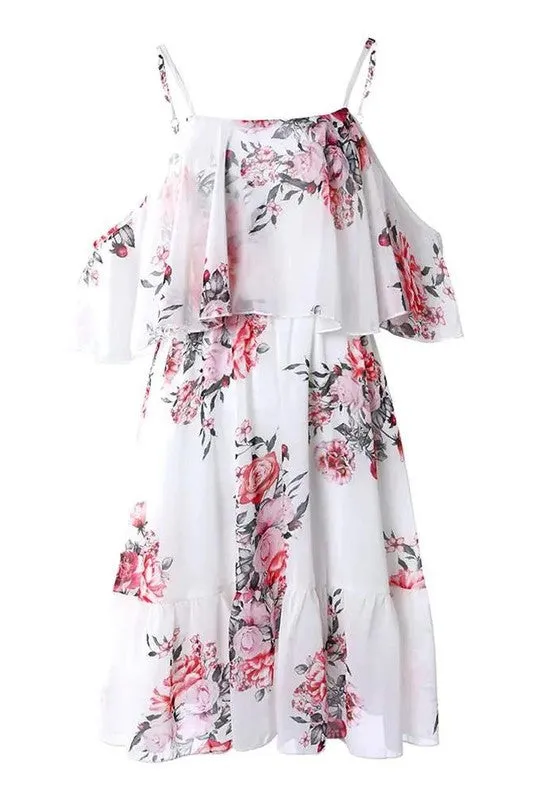 Print Cold Shoulder Ruffle Hem Chiffon Dress