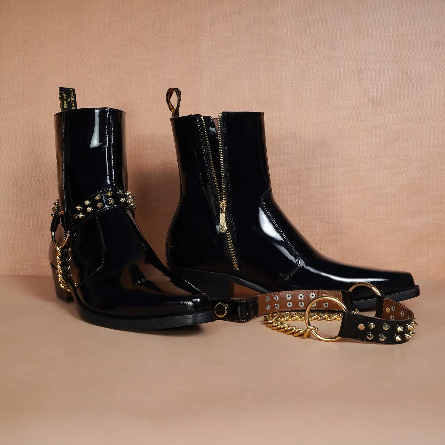 Removable Strap Black Cow Boy Boot in Patent Leather