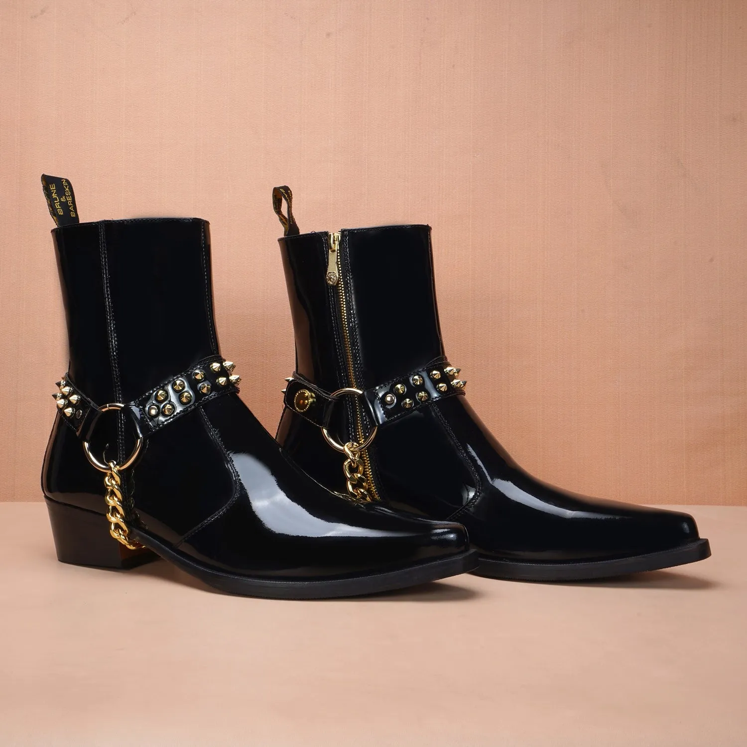 Removable Strap Black Cow Boy Boot in Patent Leather