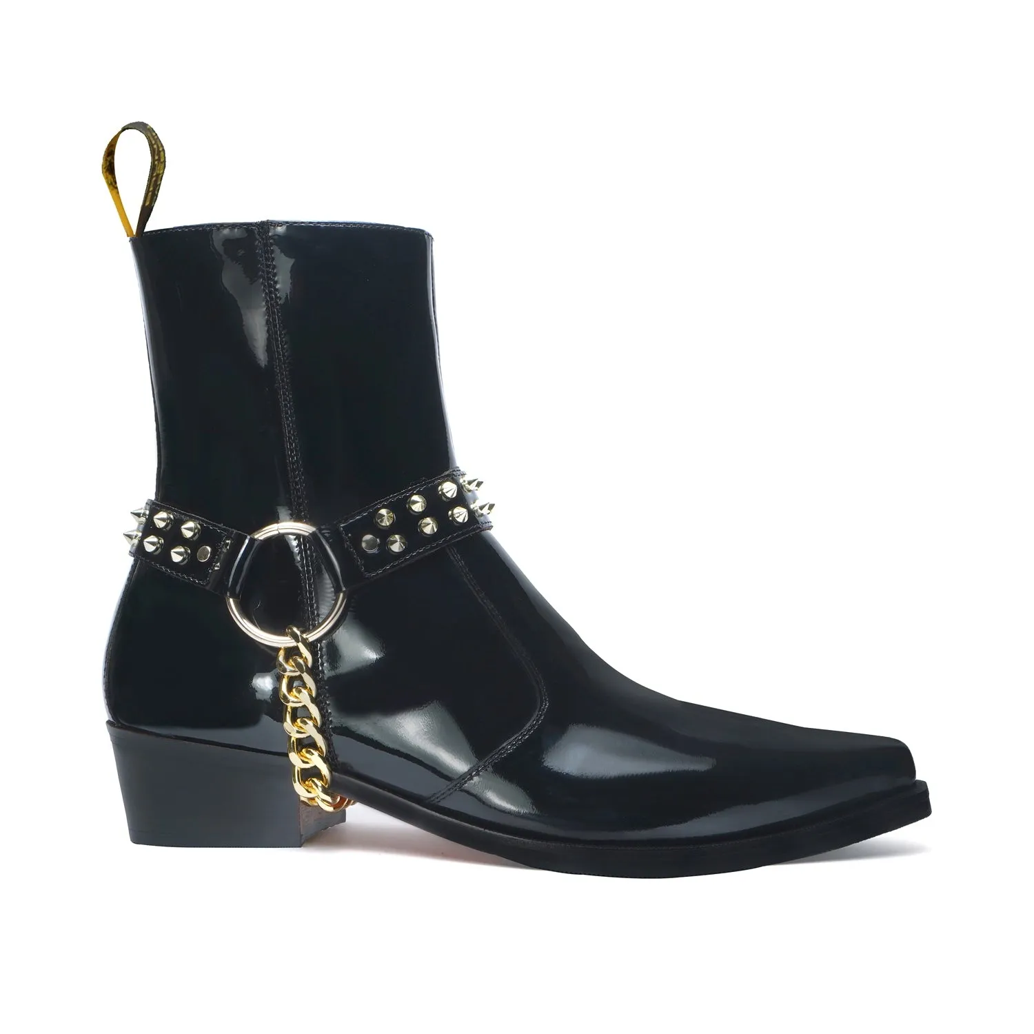 Removable Strap Black Cow Boy Boot in Patent Leather