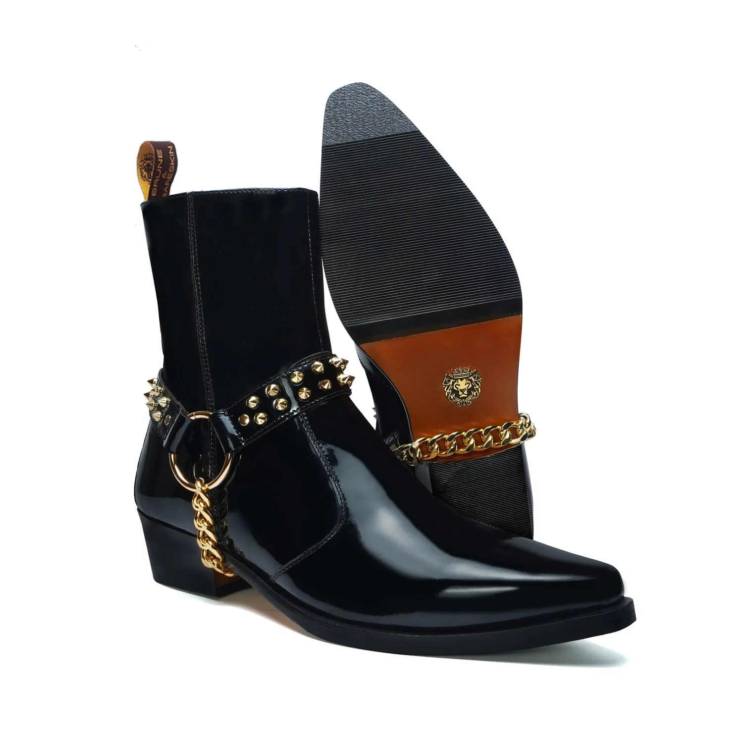 Removable Strap Black Cow Boy Boot in Patent Leather