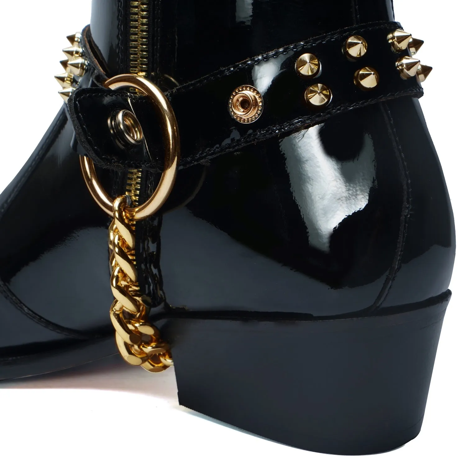 Removable Strap Black Cow Boy Boot in Patent Leather