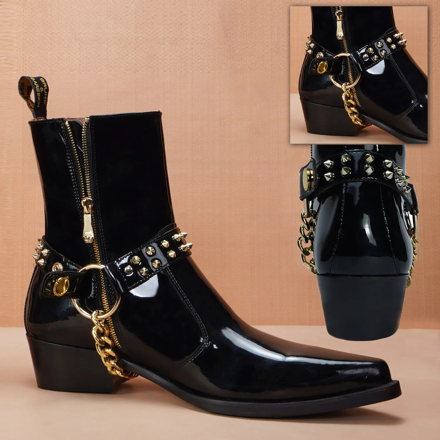 Removable Strap Black Cow Boy Boot in Patent Leather