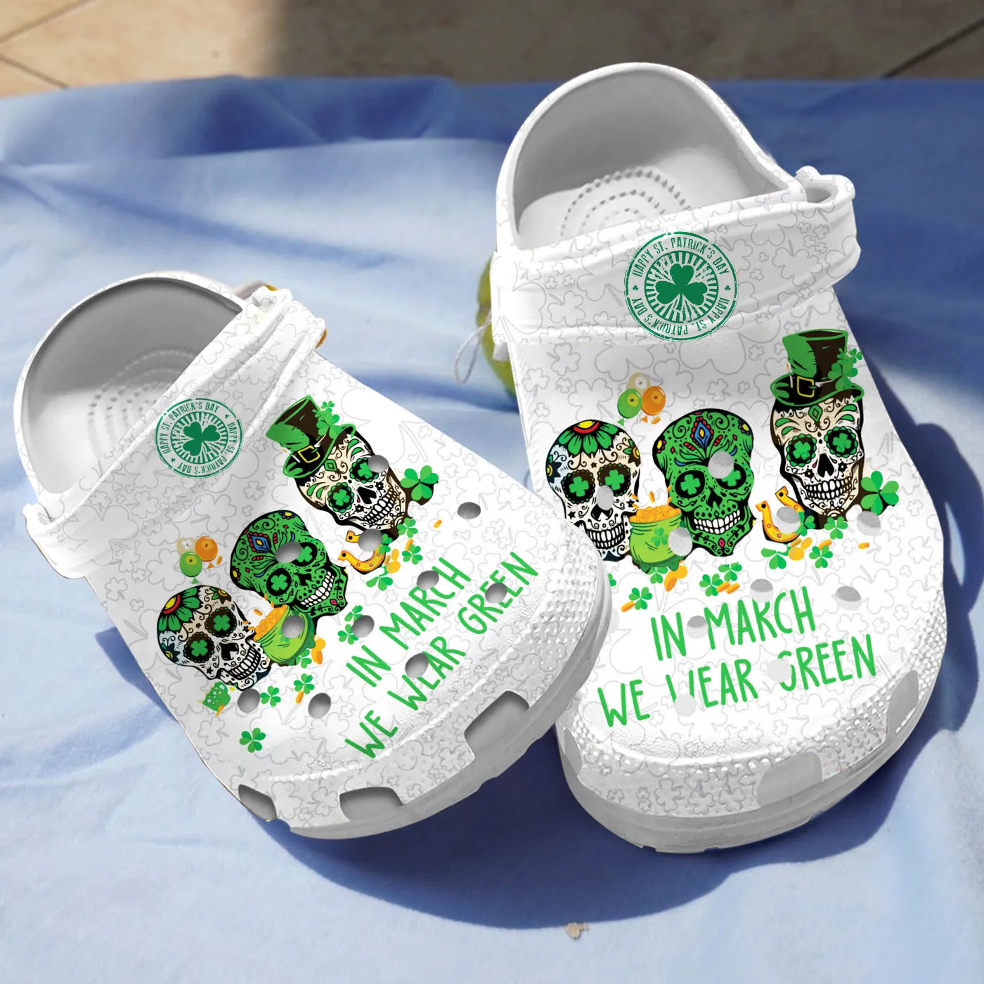 St Patrick’s Day Irish Sugar Skull In March We Wear Green Crocband Crocs Shoes