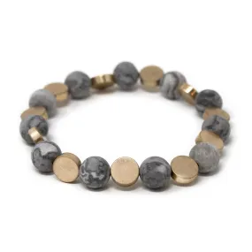 Stretch Bracelet Semi Precious Bead Gold Disc Grey