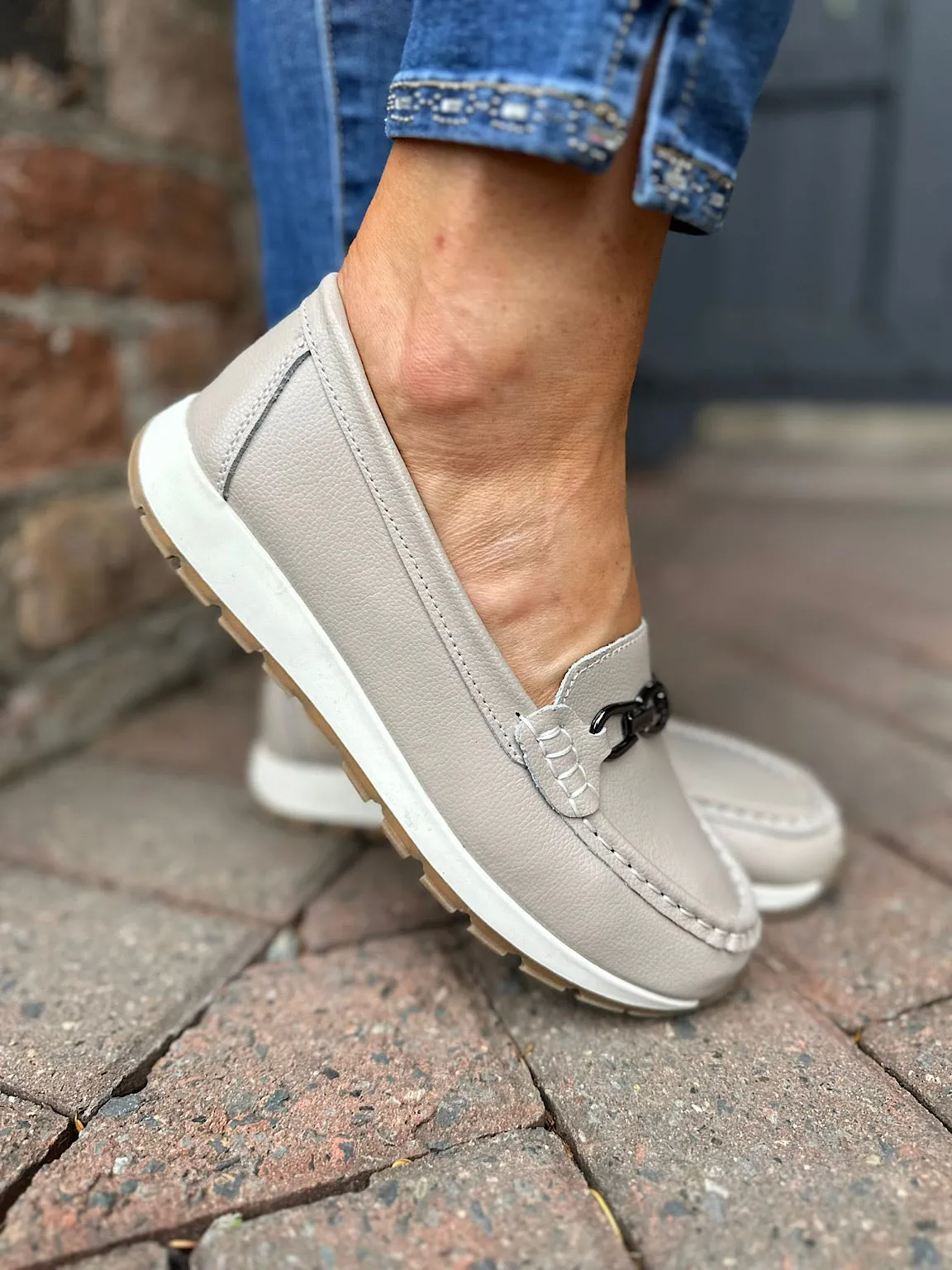 Taupe Leather Buckle Loafer