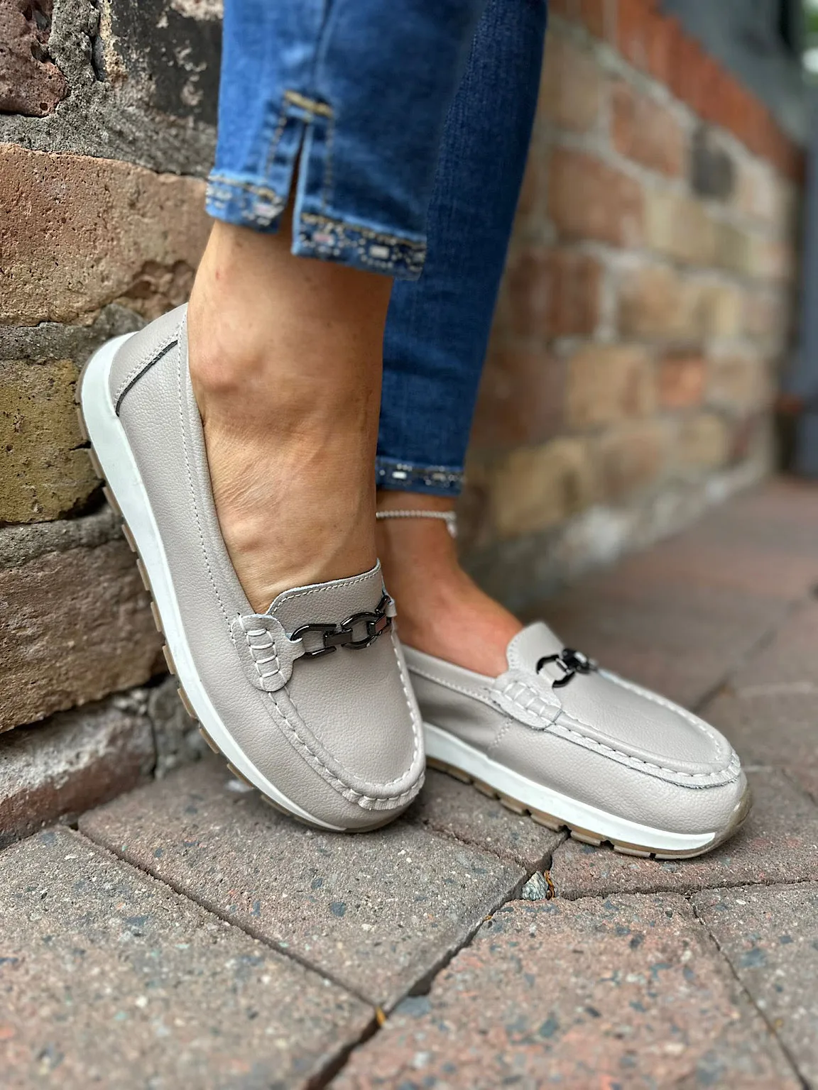 Taupe Leather Buckle Loafer