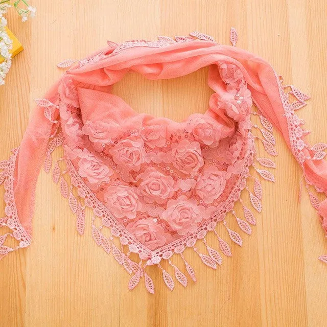 Triangular Shawl Scarves Women's Embroidered Wild Roses Scarf Bib Tassel Silk Scarf Chiffon Pashmina#3546 SM6