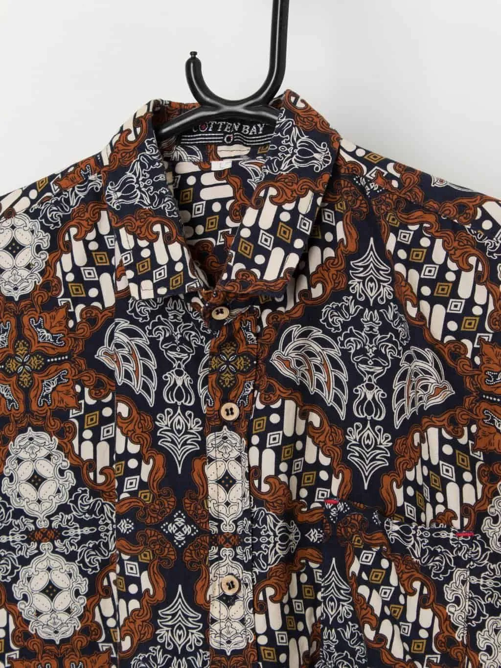 Vintage printed shirt in navy and brown – Small / Medium