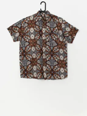 Vintage printed shirt in navy and brown – Small / Medium