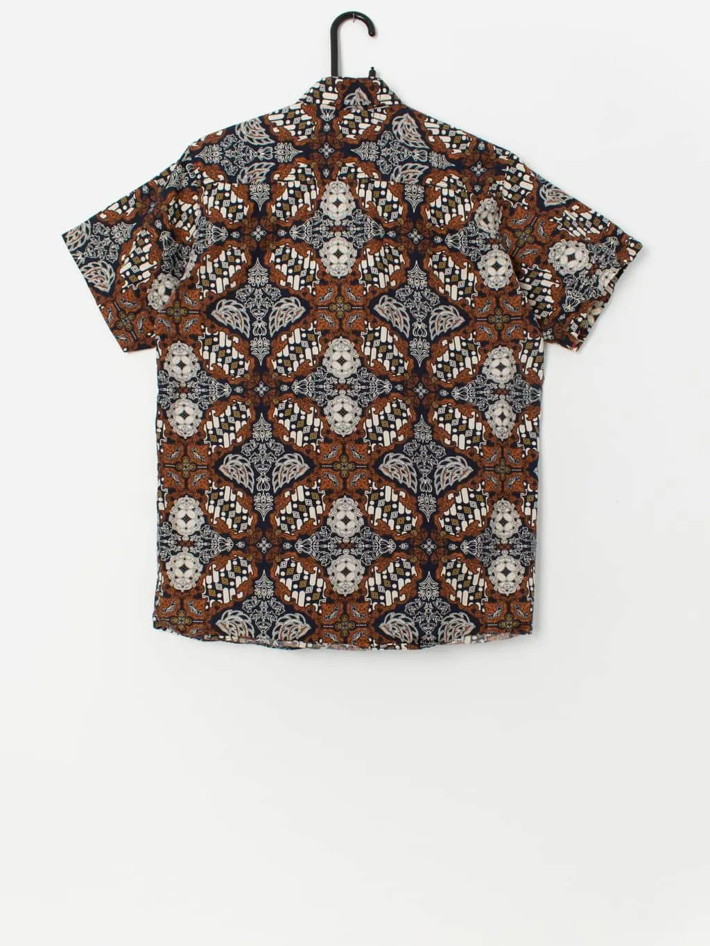 Vintage printed shirt in navy and brown – Small / Medium