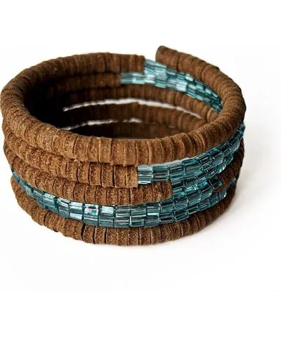 Waiwai Women's Brown / Blue Suede Spiral Beaded Cuff