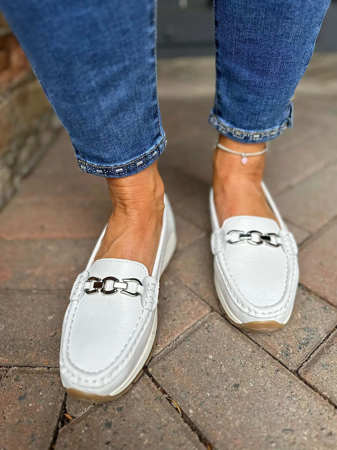 White Leather Buckle Loafer