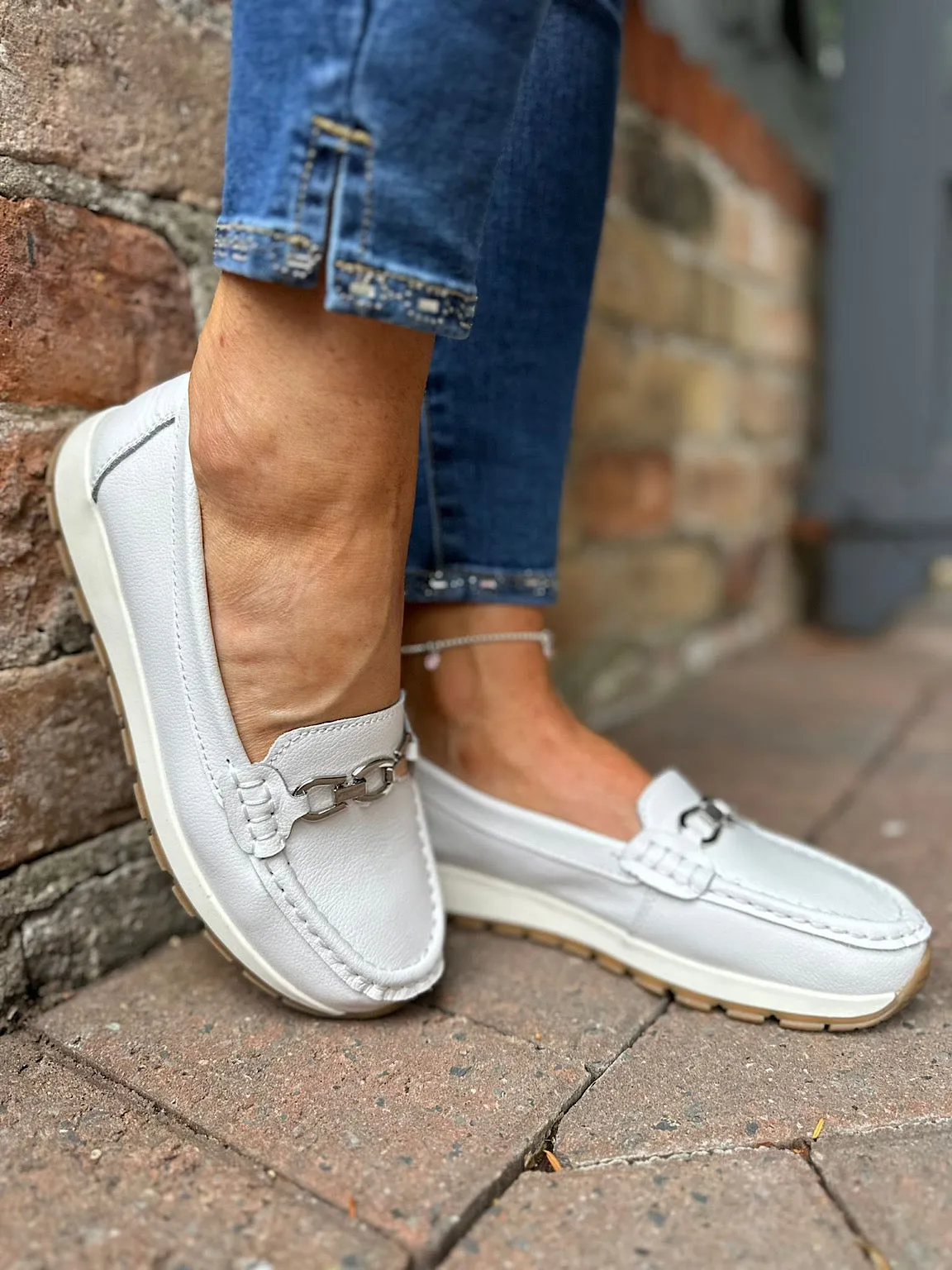 White Leather Buckle Loafer